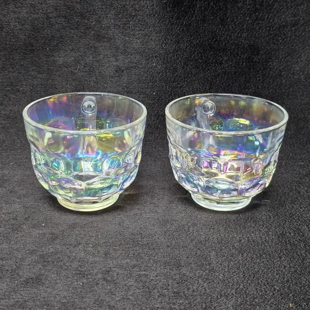 Vintage Federal Glass Iridescent Rainbow Glass Punch Teacups Pair of 2
